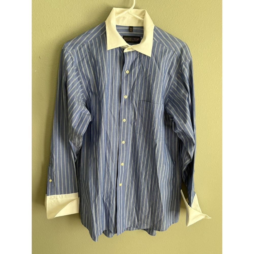 Donald J. Trump Mens Button Dress‎ Shirt 15 1/2 32/33 Blue Striped French Cuff